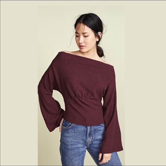 Free People Medium We The Free Burgundy Ribbed Off Shoulder Cropped Crazy on You - Picture 1 of 6
